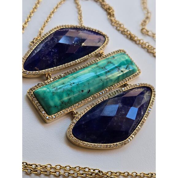 Gorgeous Statement Necklace by Marcia Moran 18K GP, Turquoise Blue Lapis & CZ - Picture 6 of 9